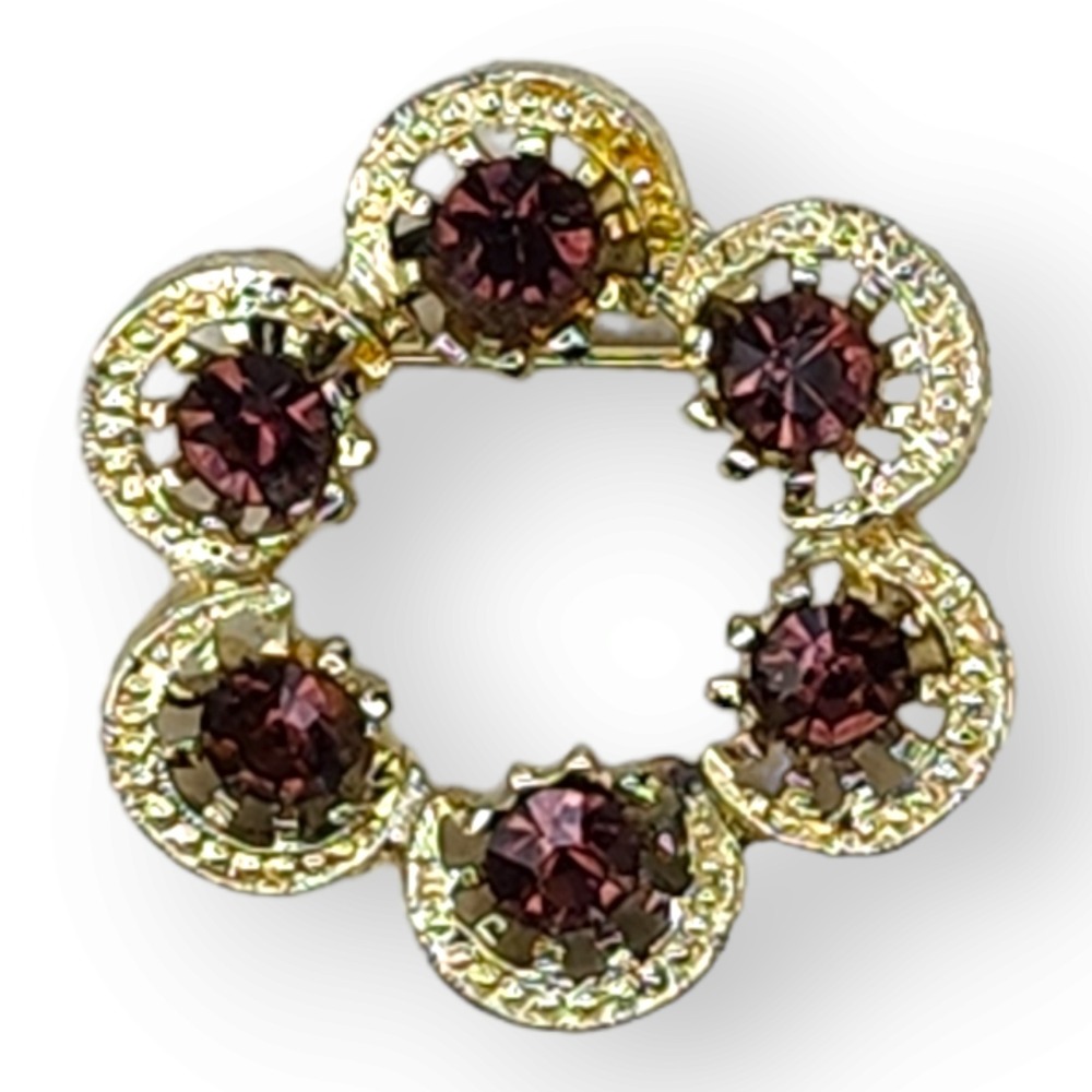 Vintage Gold Tone‎ Peach Colored Faceted Circle Flower Brooch Pin